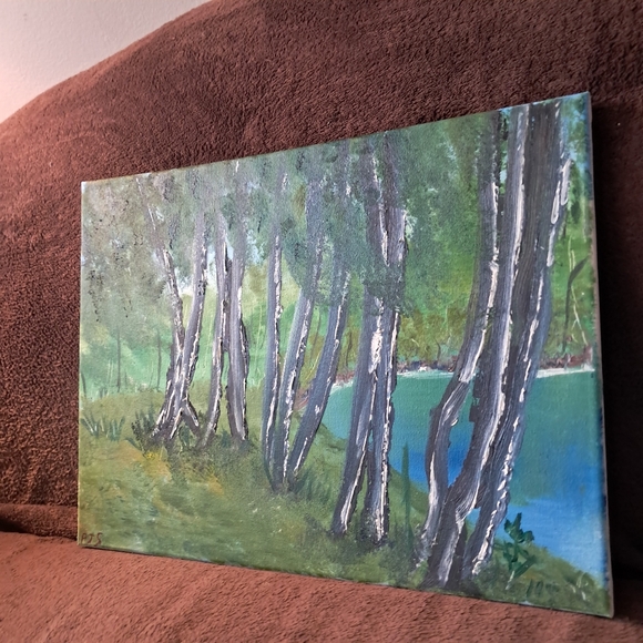 Oil Paint Hand Painted Canvas Birch Trees Green - Picture 2 of 5